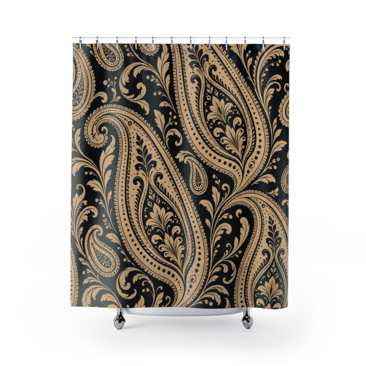 Beige and black paisley scrollwork shower curtain with full front view