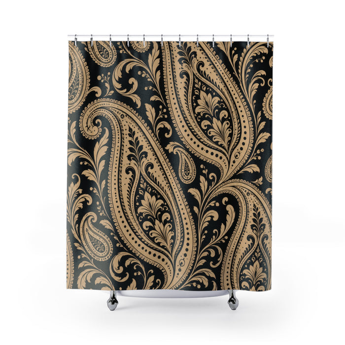 Beige and black paisley scrollwork shower curtain with full front view