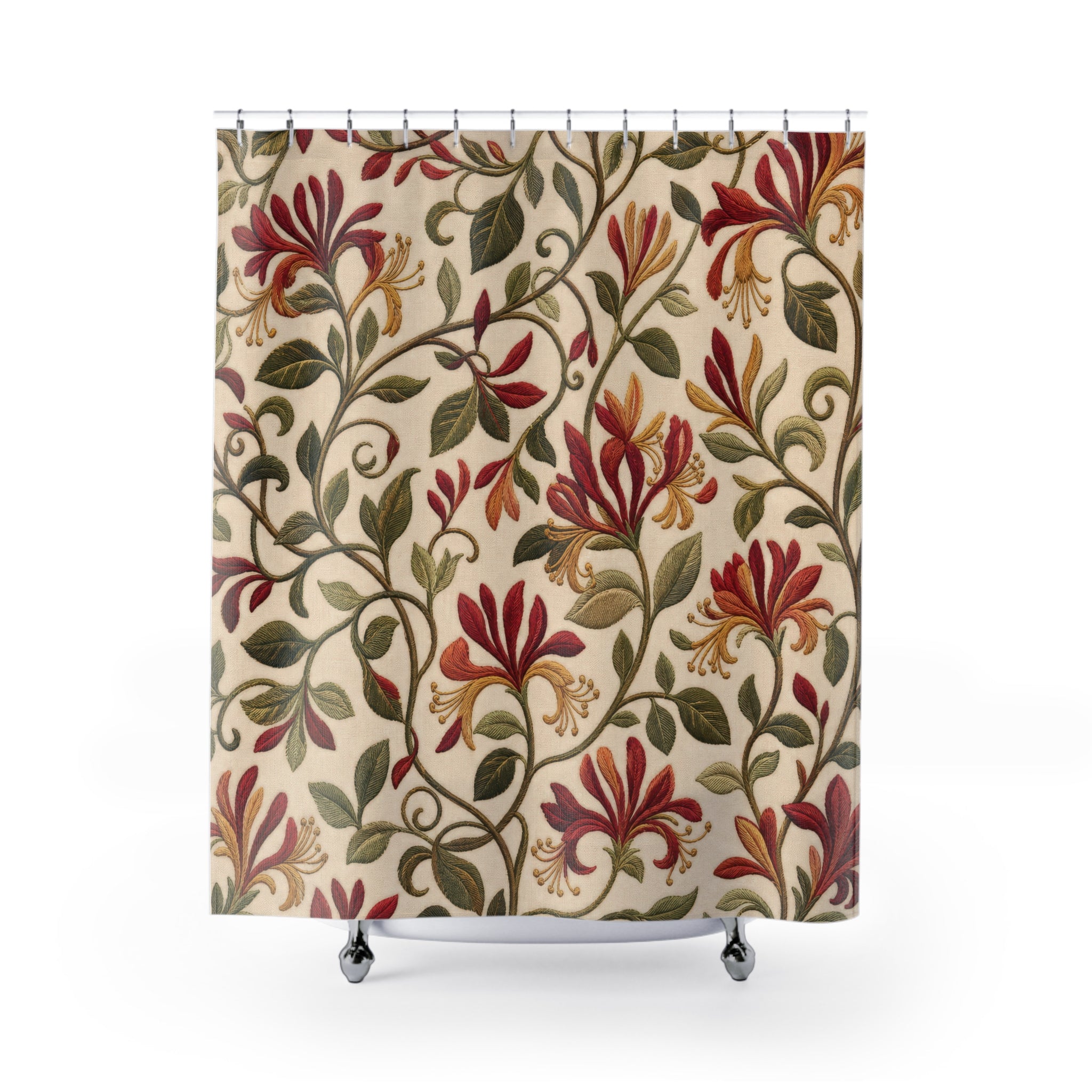 Honeysuckle Embroidery Shower Curtain – Red on Cream