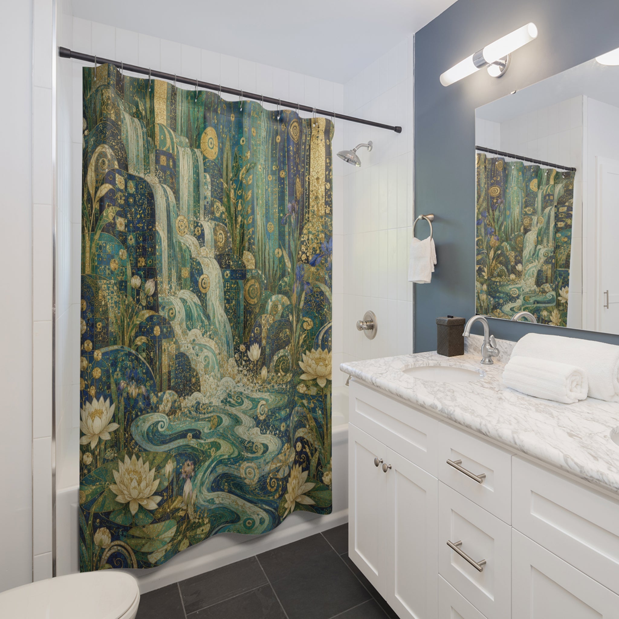 Klimt Inspired Waterfall Shower Curtain: Blue Gold Nouveau