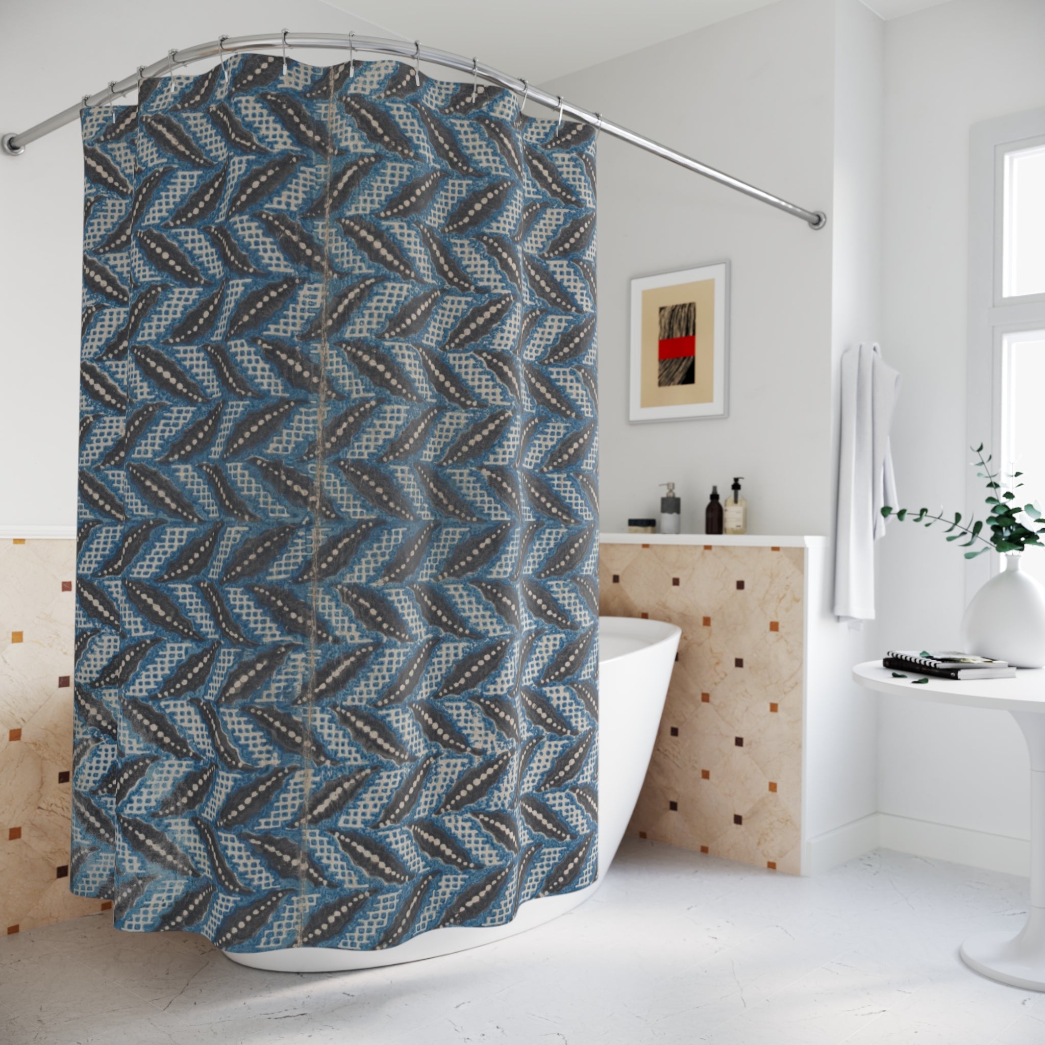 Antique Chevron Shower Curtain – Black, Blue & Grey