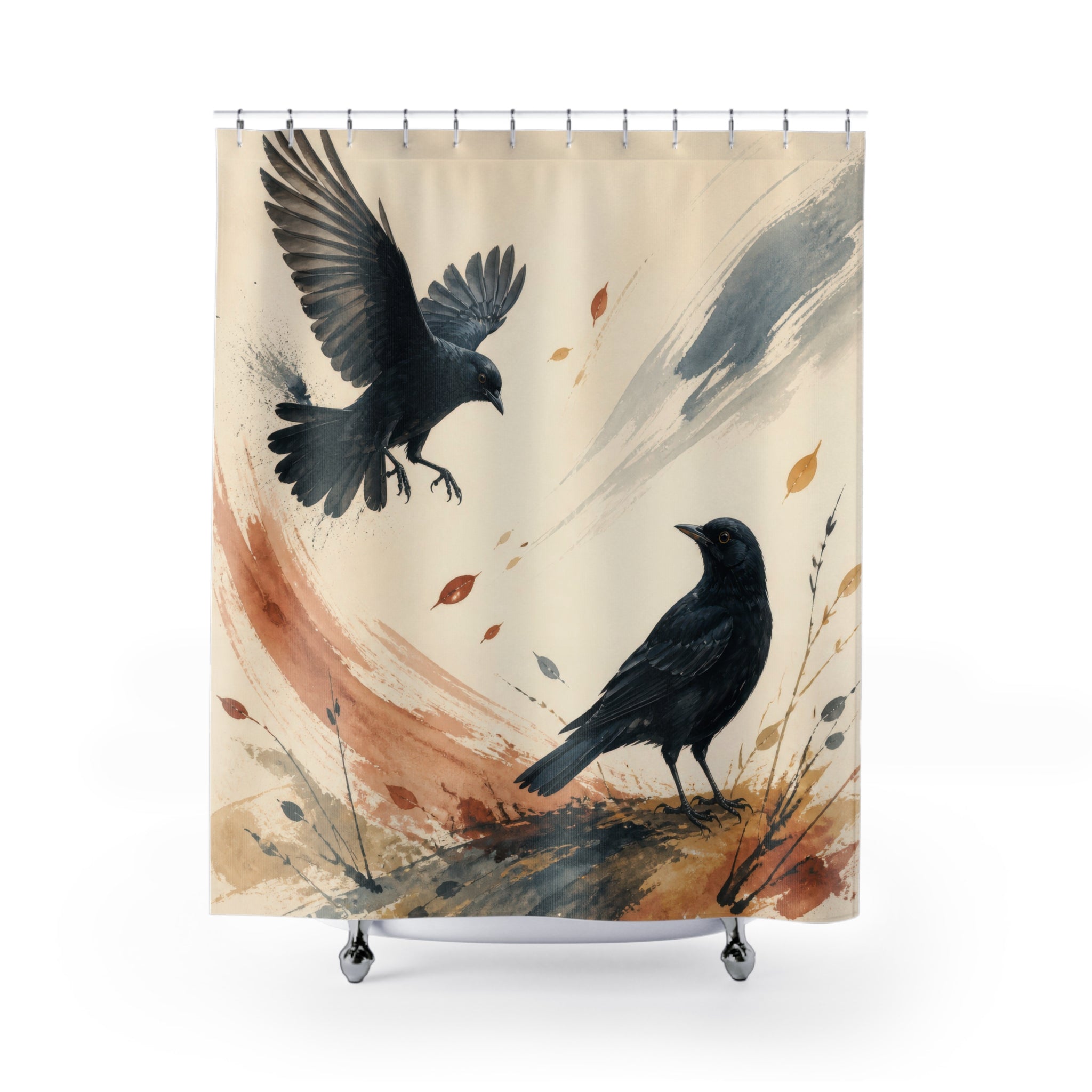 Two blackbirds in an airy peach and blue ink wash meadow shower curtain with full front view