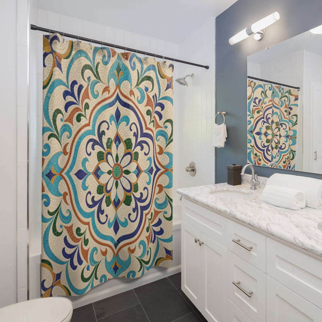 Mosaic Shower Curtain: Blue Green Yellow Tile Pattern