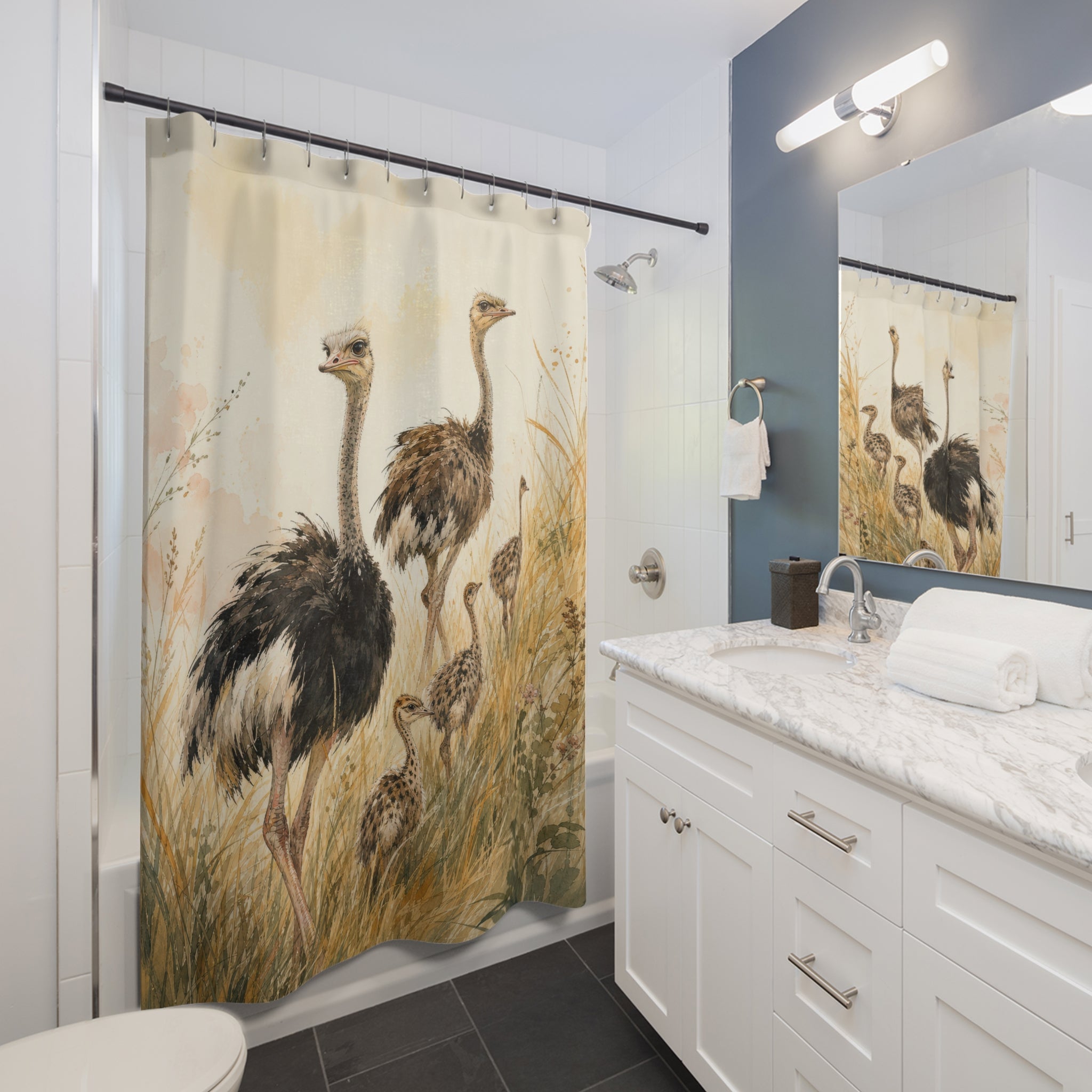 Watercolor Ostrich Family Shower Curtain
