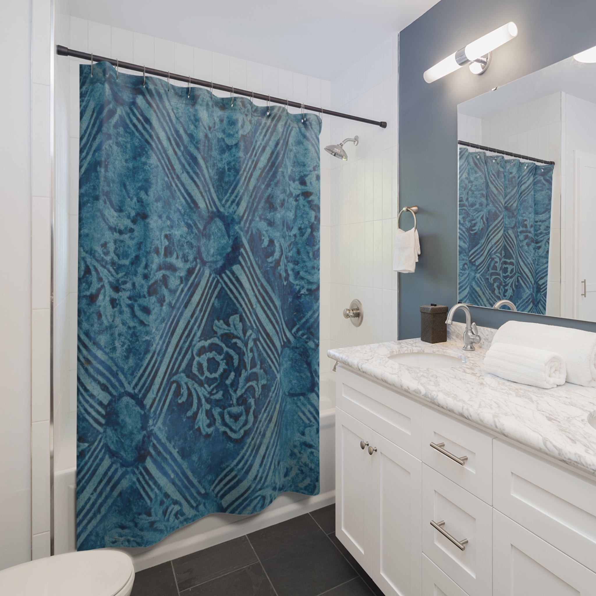 German Paste Paper Shower Curtain – Indigo Stripe