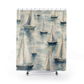 Sailboat Shower Curtain, Blue Watercolor Nautical Pattern, Coastal Bathroom Decor, Lake House Guest Bath Seaside Boat Style