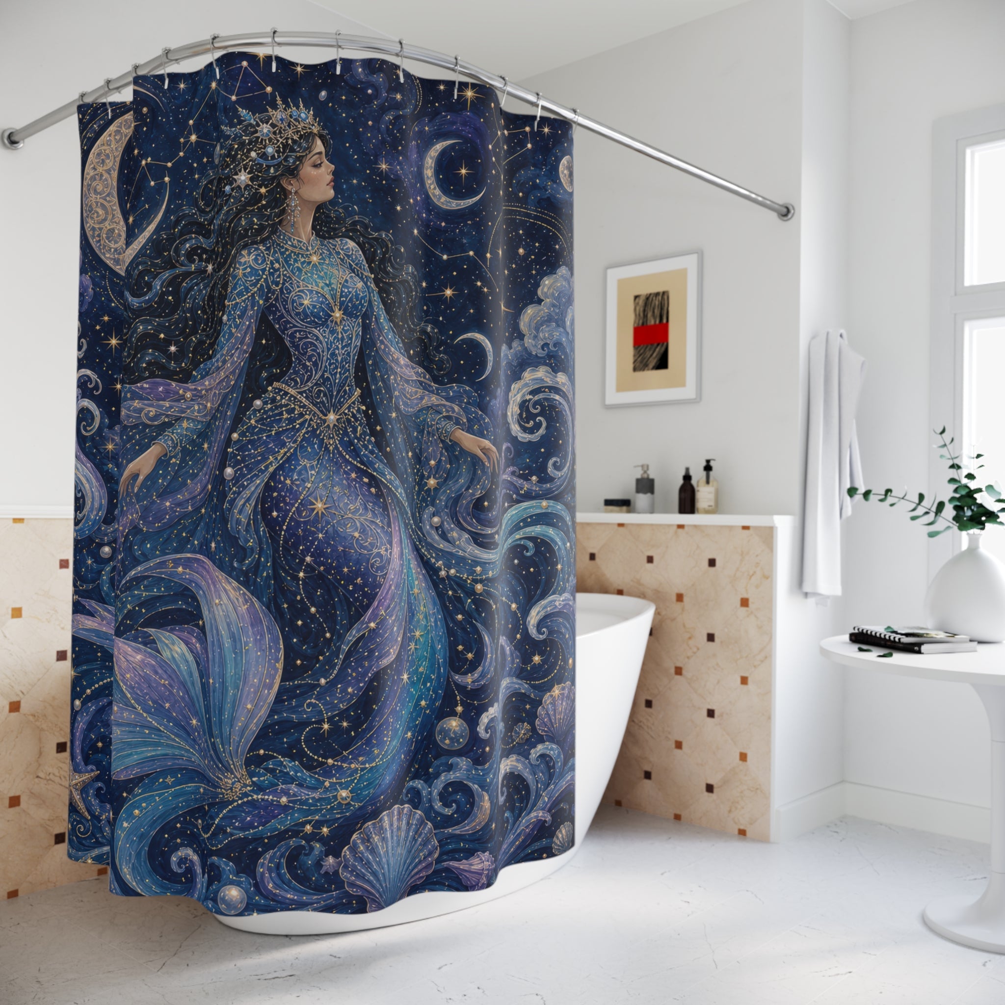 Blue Mermaid Moon Star Shower Curtain