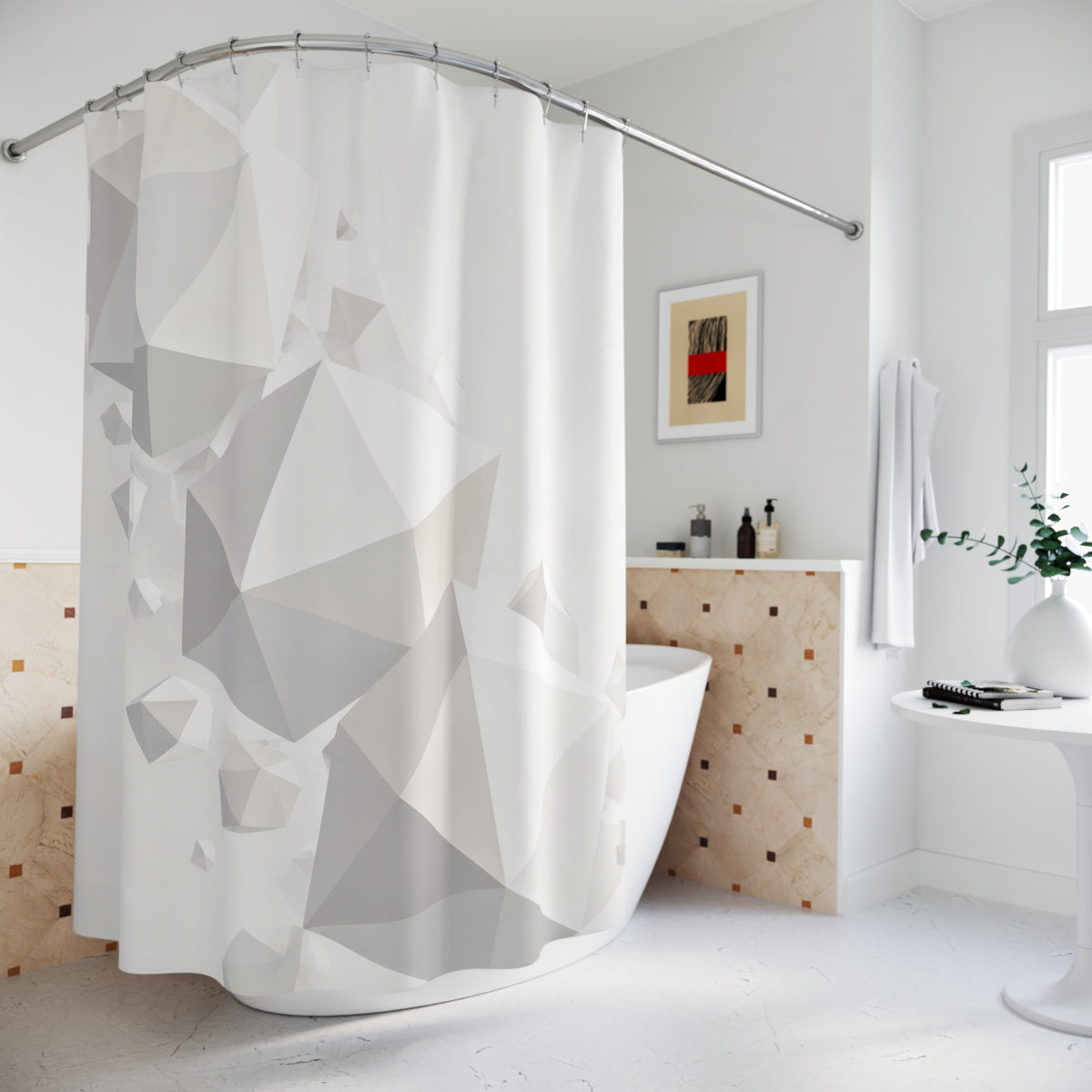 Floating Forms White Geometric Shower Curtain