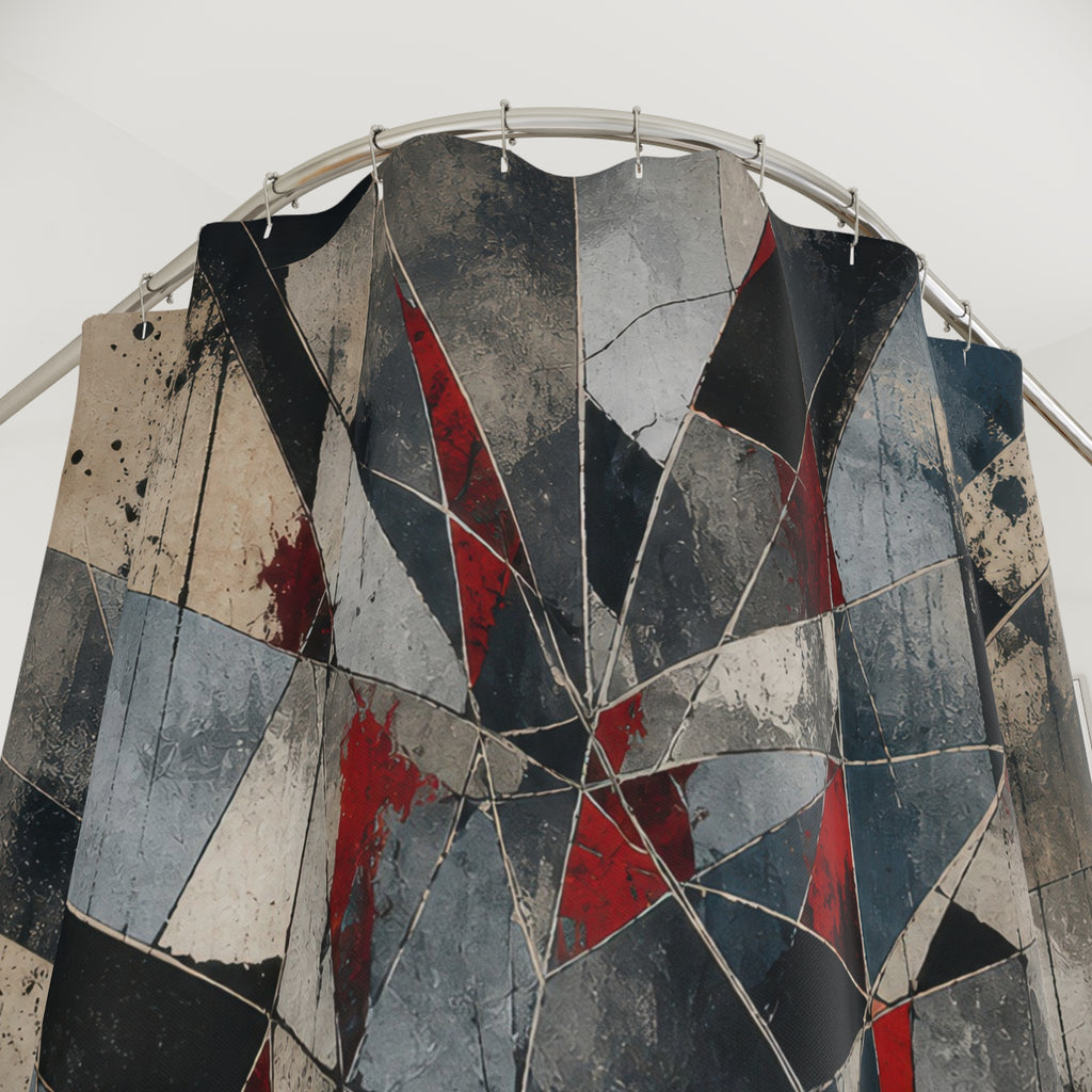 Geometric Shower Curtain, Black Gray Red Kaleidoscope Art, Abstract Modern Bathroom Decor, Sharp Graphic Bath Pattern, Dark Guest Bath