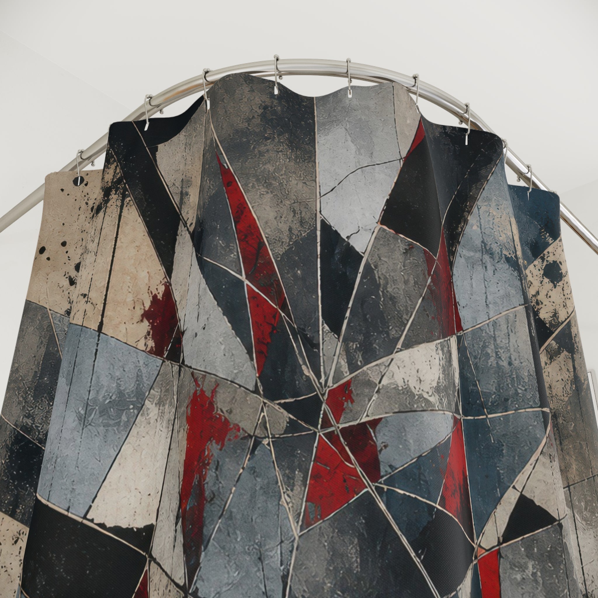 Geometric Shower Curtain, Black Gray Red Kaleidoscope Art, Abstract Modern Bathroom Decor, Sharp Graphic Bath Pattern, Dark Guest Bath