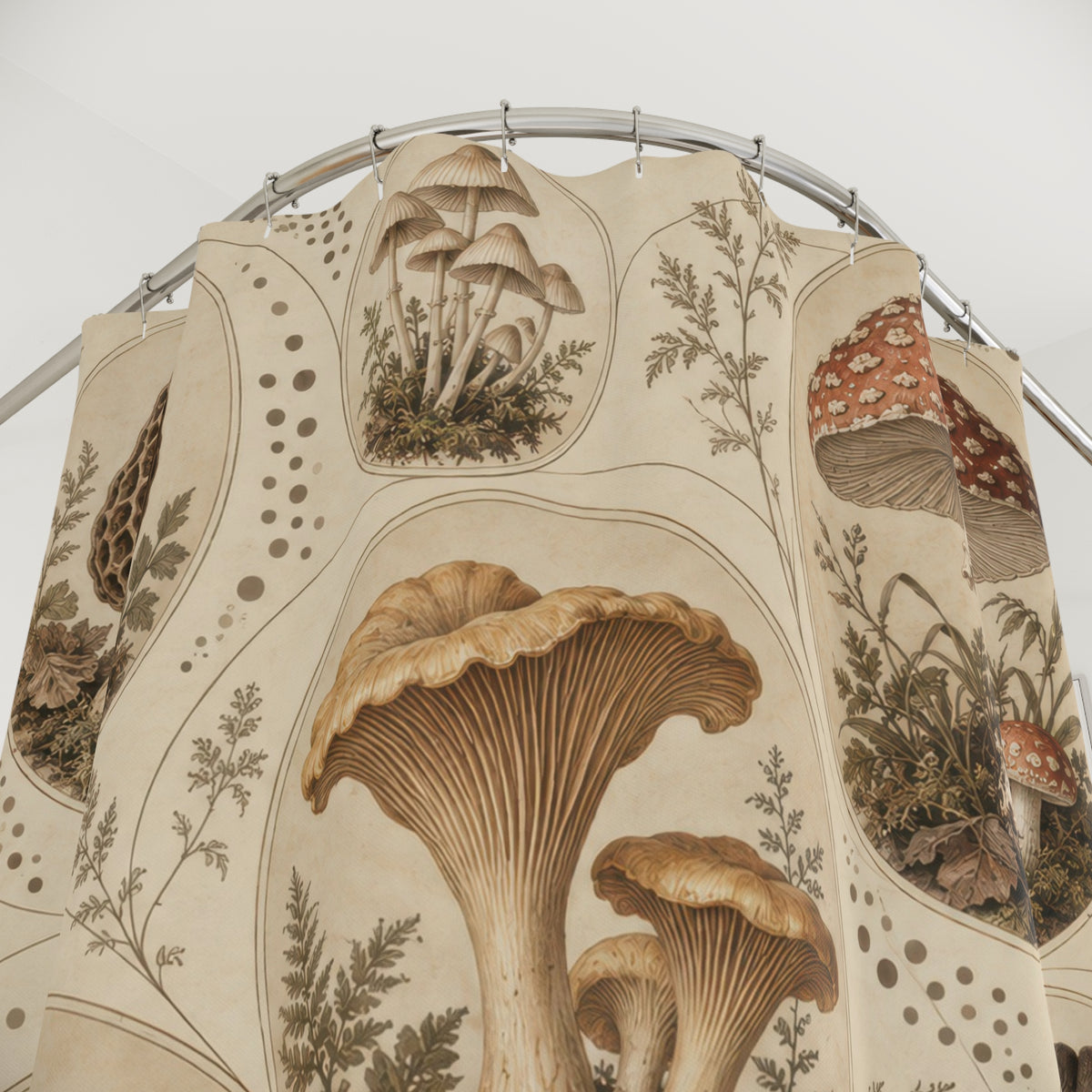 Vintage mushroom cameos in sepia and ivory shower curtain with close-up print, hooks, and folds