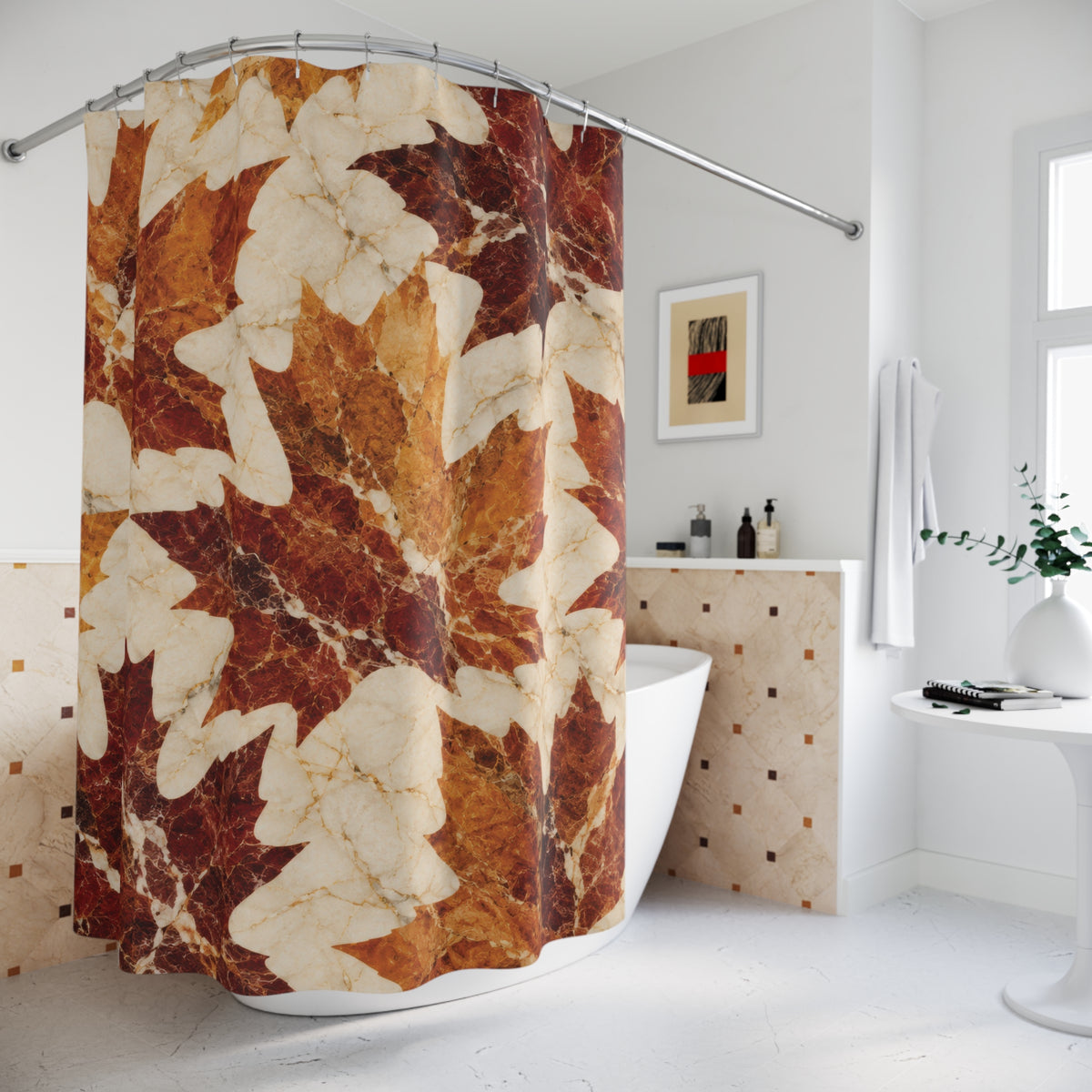 Rust and burgundy marble maple leaves on ivory shower curtain beside a freestanding tub