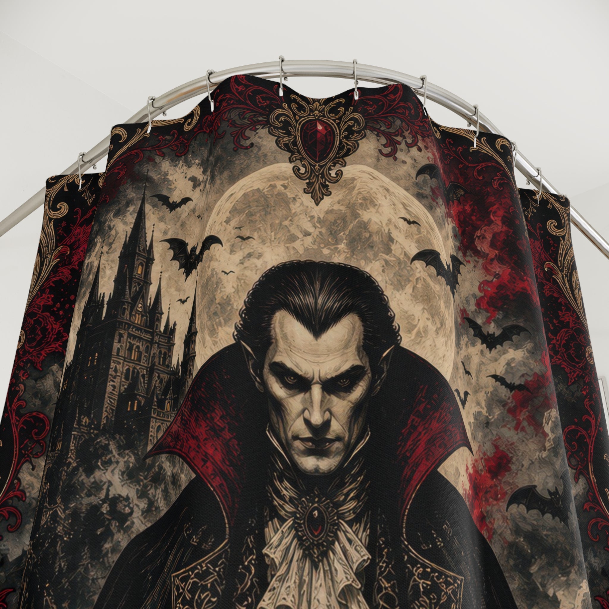 Unique Vampire Shower Curtain, Gothic Horror Portrait Art, Black Red Rose Skull Decor, Dark Spooky Guest Bath Accent, Halloween Bath