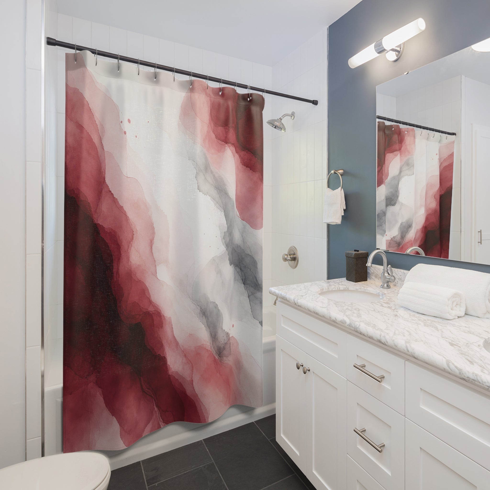 Burgundy Red Gray Abstract Watercolor Shower Curtain