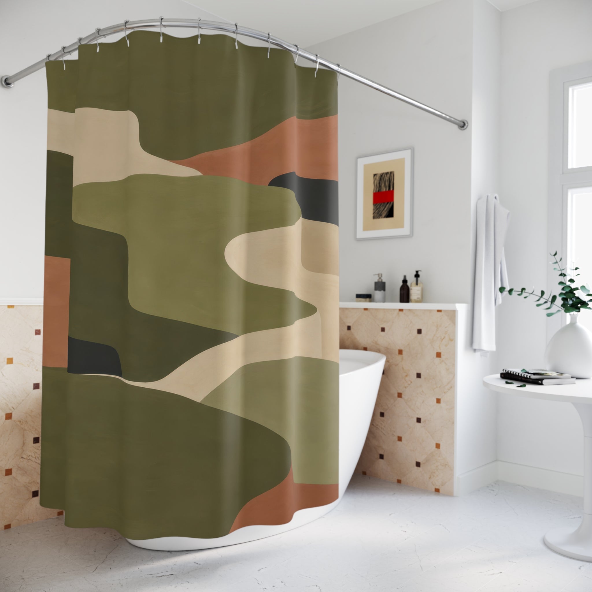 Olive Curved Terrace Color Block Shower Curtain