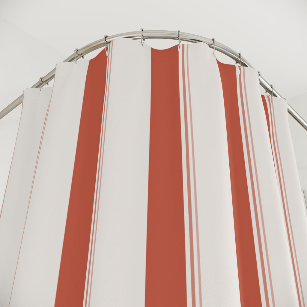 Beige and Coral Ticking Stripe Shower Curtain