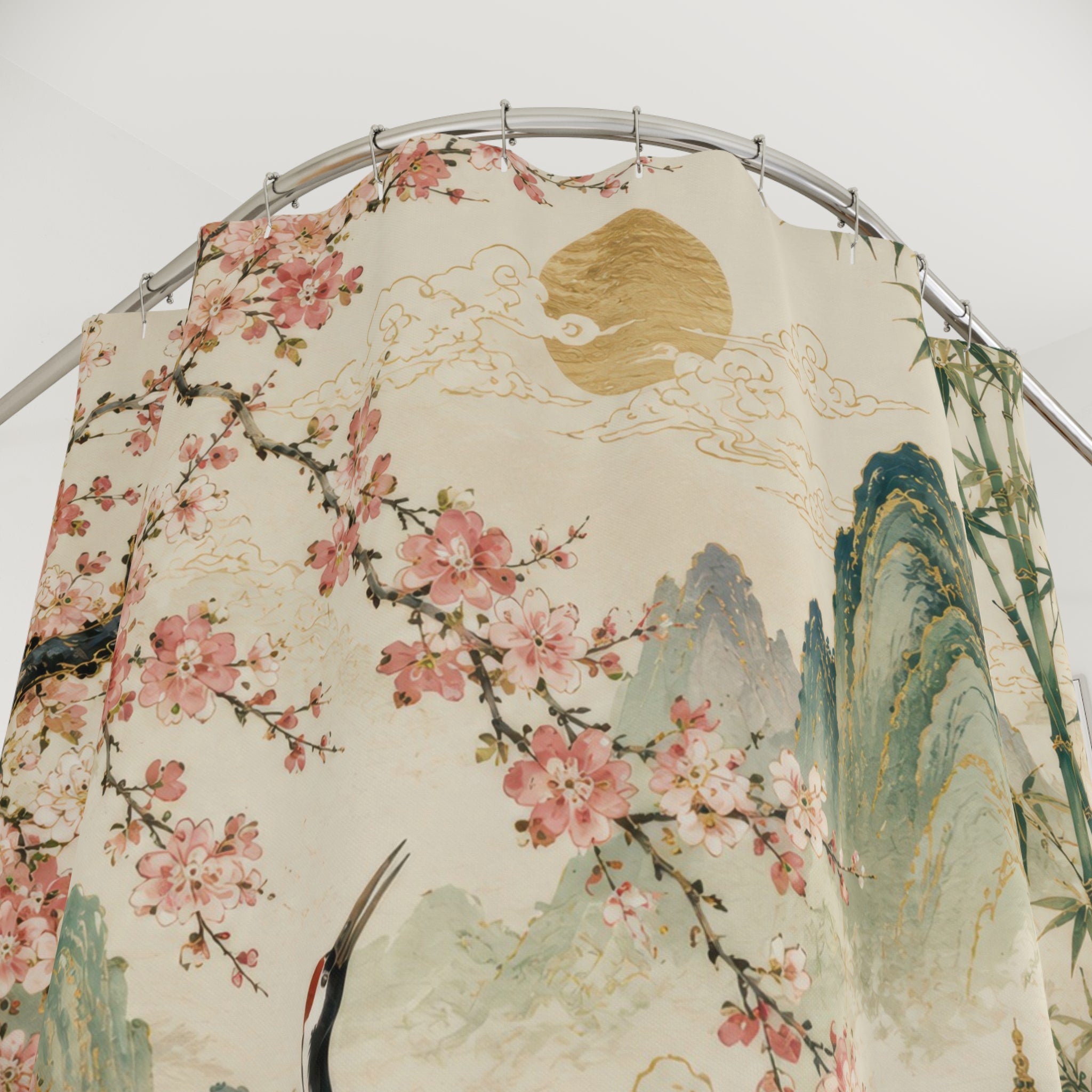 Japanese Shower Curtain: Asian Crane Garden