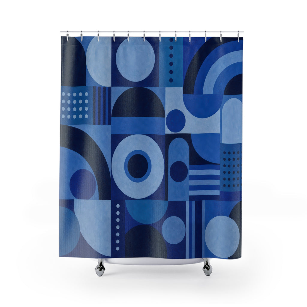 Navy Geometric Shower Curtain, Navy Blue Modern Bathroom Decor, Geometric Pattern Bath Curtain, Guest Bath Decor, Small Bathroom Decor