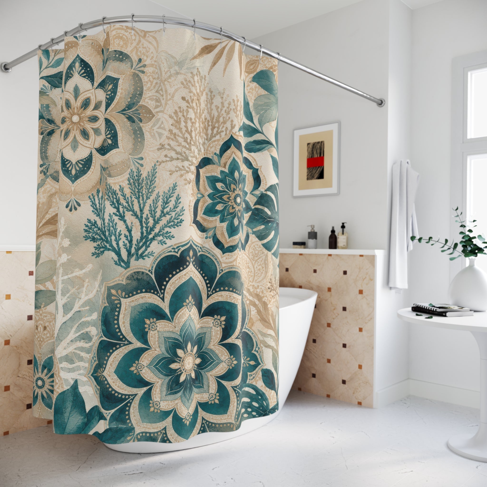 Beige and Teal Shower Curtain: Floral Botanical Pattern