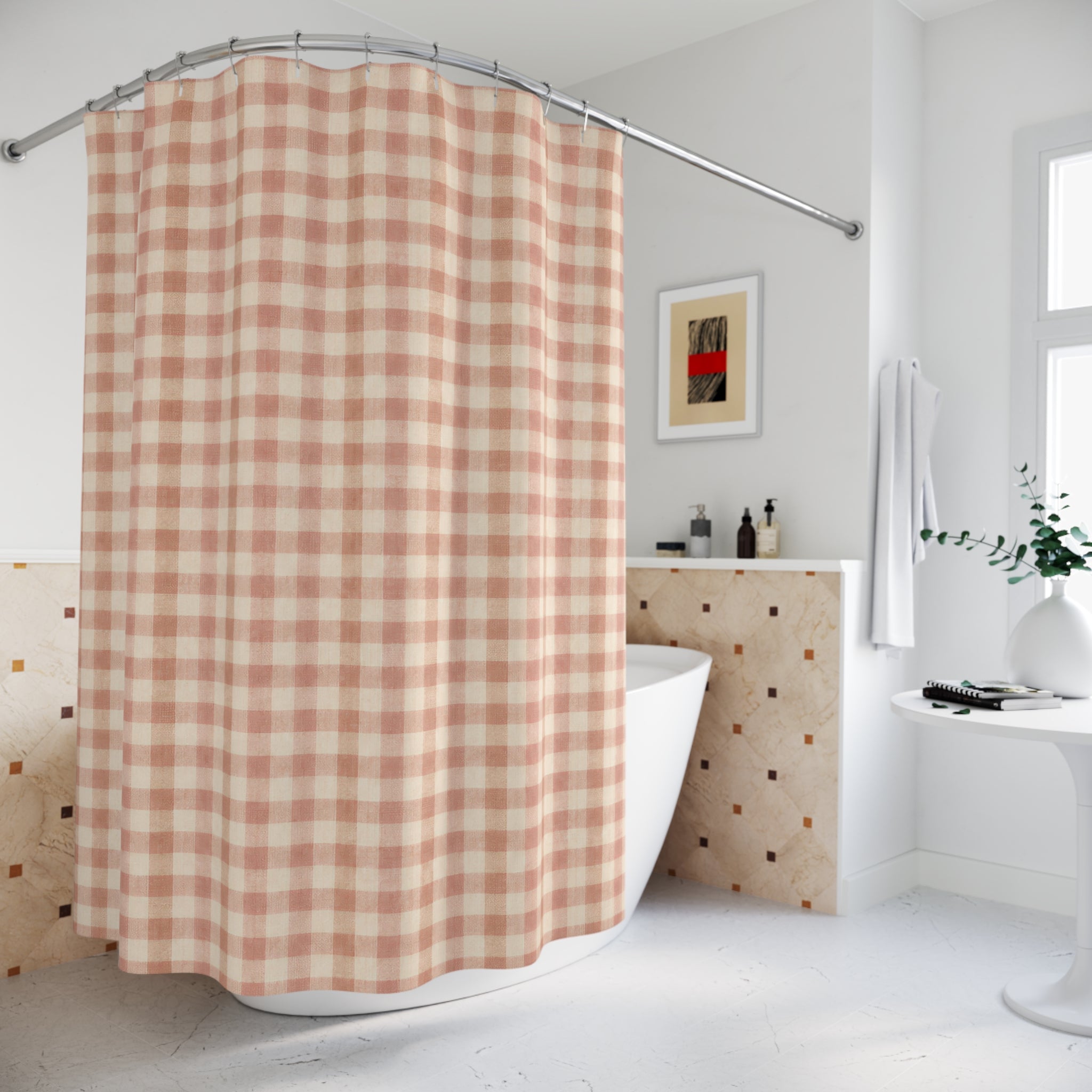 Coral Pink Checkered Gingham Shower Curtain