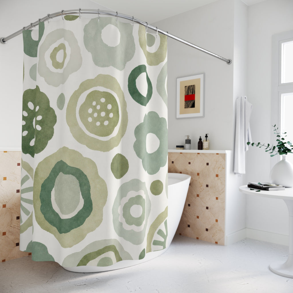 Green Floral Shower Curtain, White Retro Bath Decor, Circle Flower Pattern, Sage Botanical Guest Bathroom Decor, Fresh Garden Style Decor