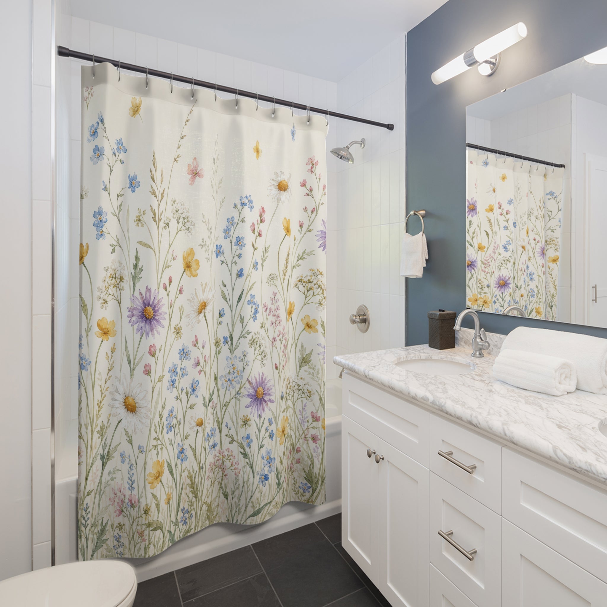 Yellow Purple Daisy Watercolor Shower Curtain