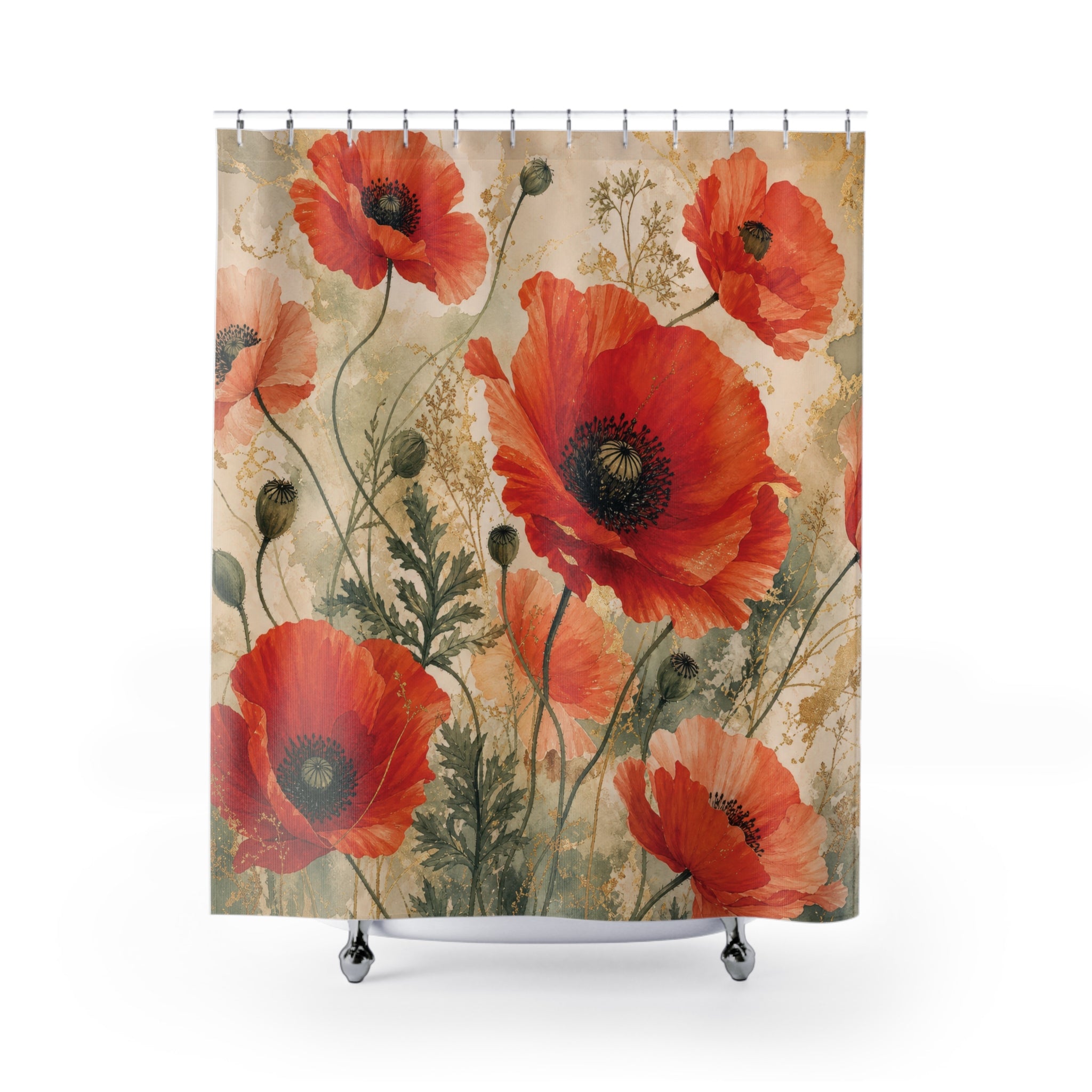Poppy Shower Curtain: Red Orange Wildflower Watercolor Pattern