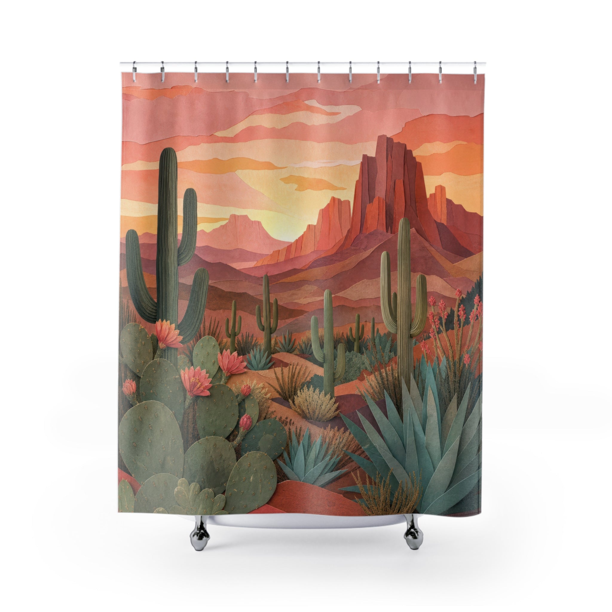 Boho Desert Cactus Shower Curtain – Terracotta Sunset