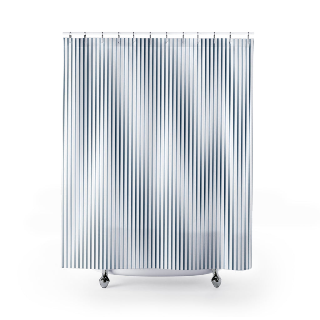 Navy Pinstripe Shower Curtain — Classic Ticking