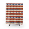 Terracotta scallop bands edged in apricot and blue on cream shower curtain with full front view