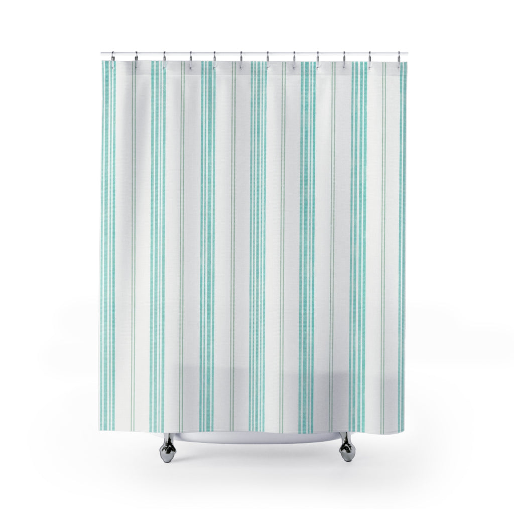Aqua Teal Ticking Stripe Shower Curtain