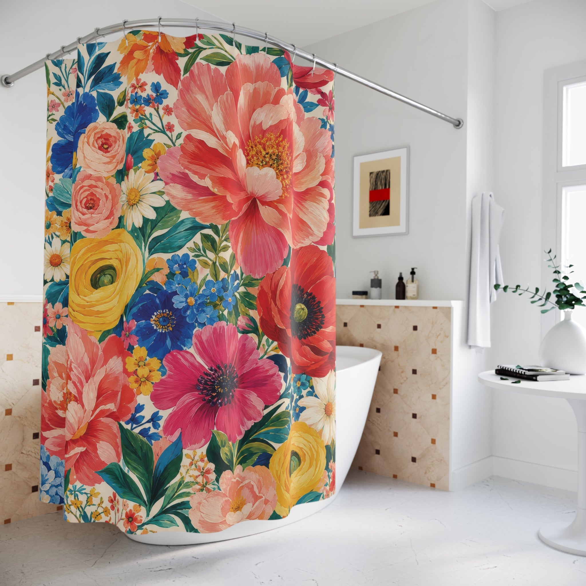 Colorful Floral Shower Curtain: Bright Garden Flower Pattern