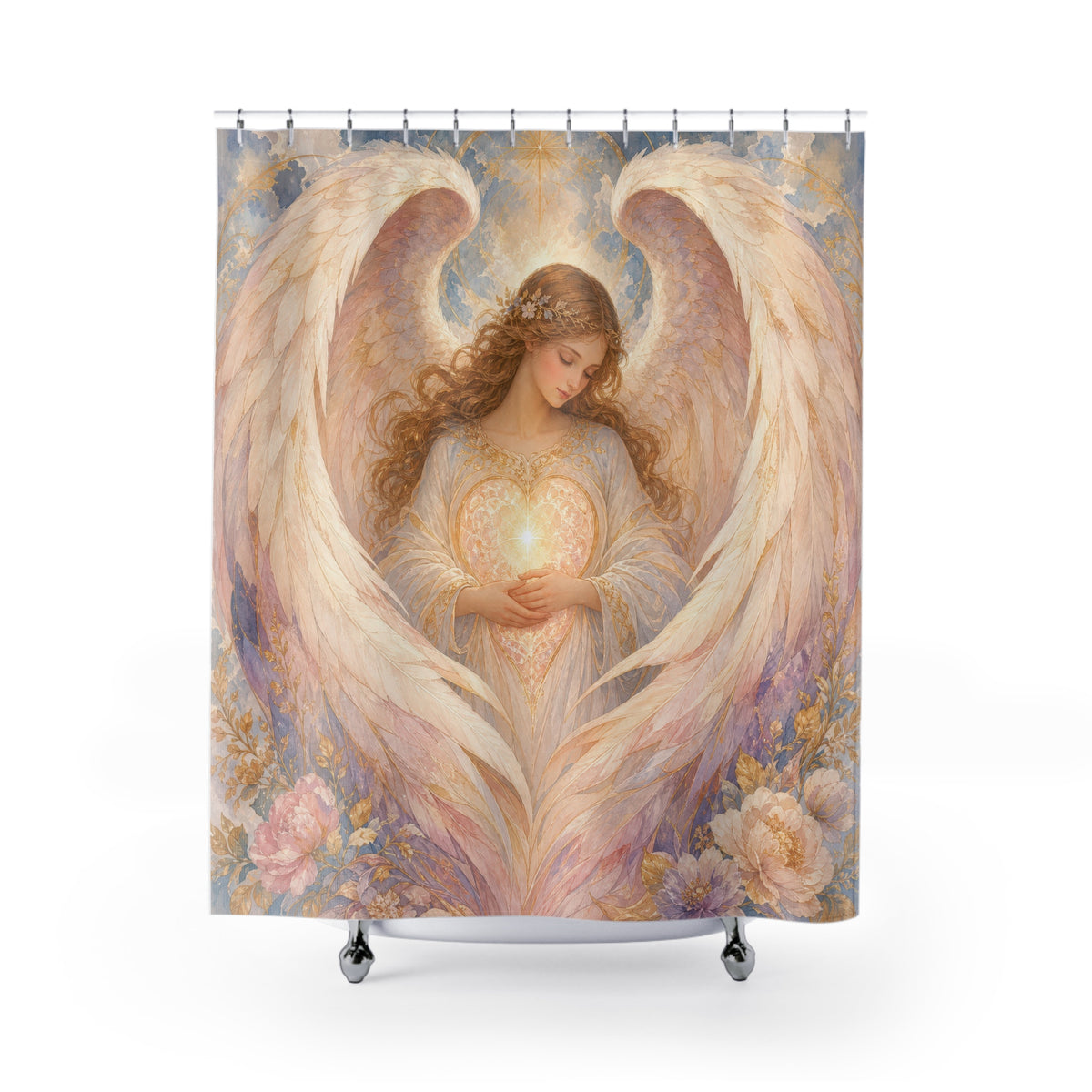 Guardian Angel soft pastel protective shower curtain with full front view