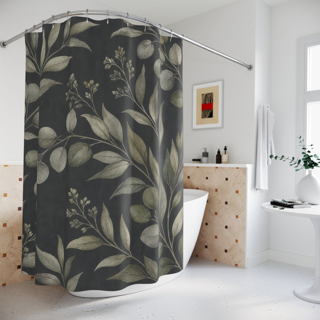 Dark Green Floral Shower Curtain, Dark Green Moody Bathroom Decor, Dark Botanical Bath Curtain, Guest Bath Decor, Small Bathroom Decor