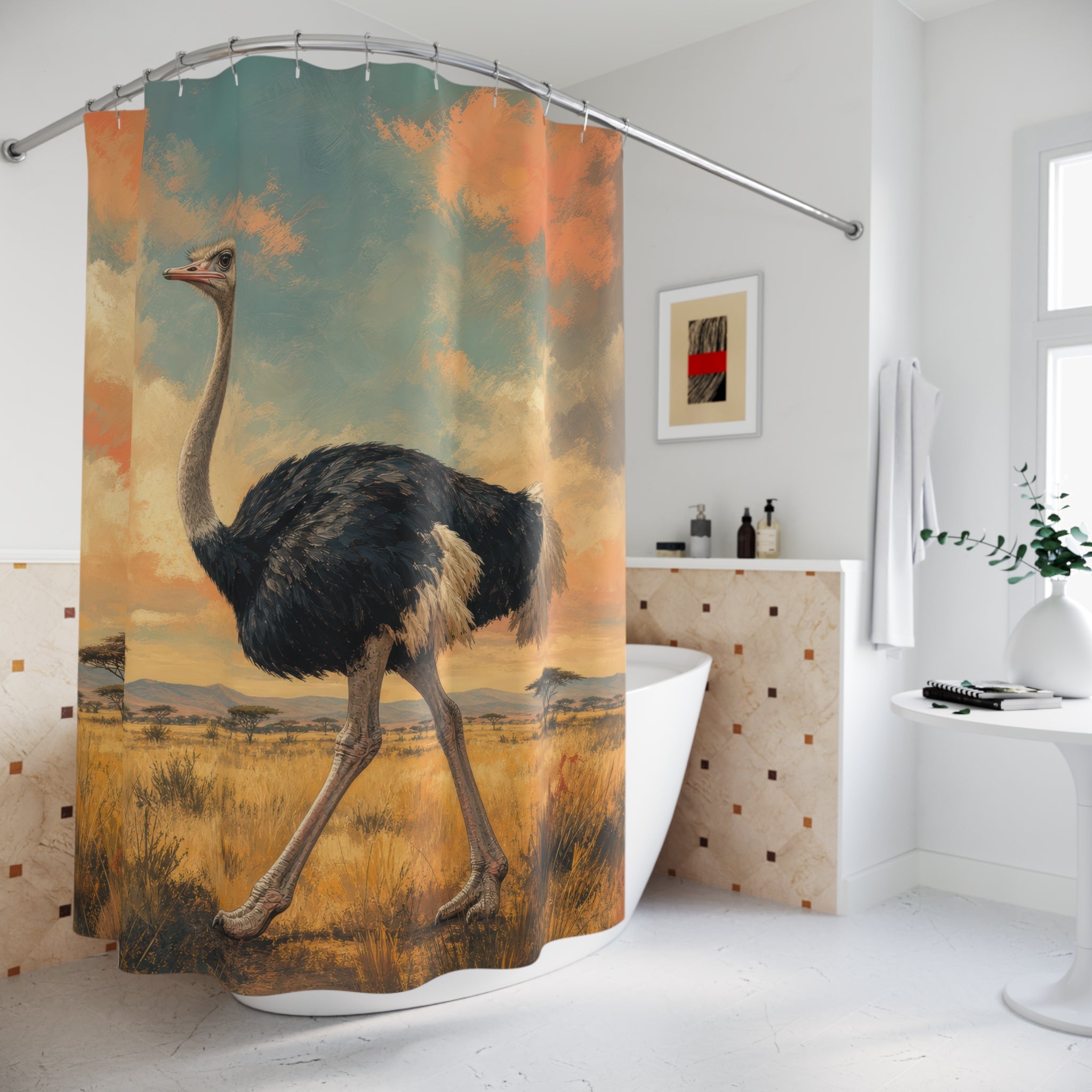 Painterly Savanna Ostrich Shower Curtain