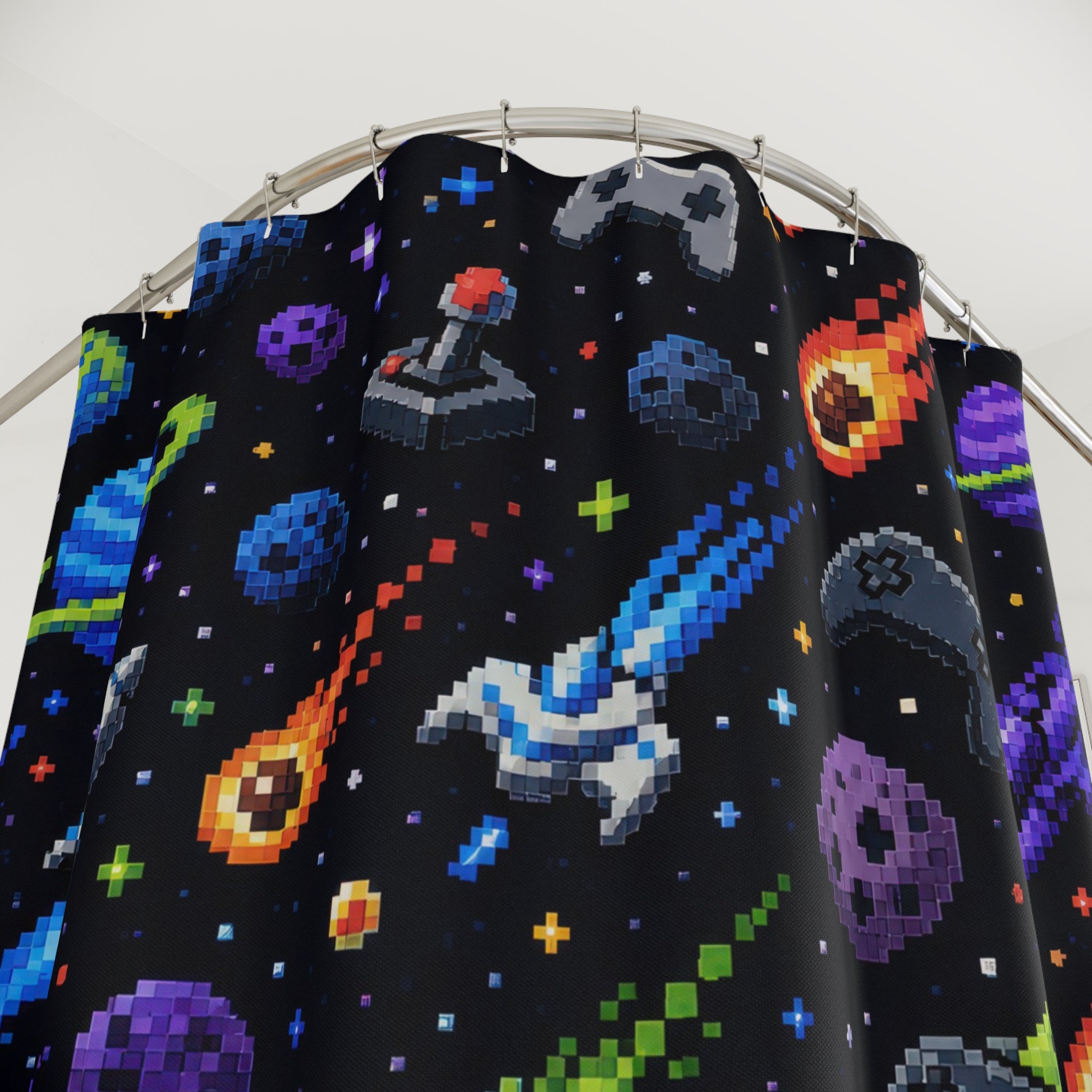 Dark Space Shower Curtain, Kids Bathroom Decor, Rocket Planet Bath Curtain, Boys Bathroom Decor, Gaming Space Pattern, Bath Decor, Style