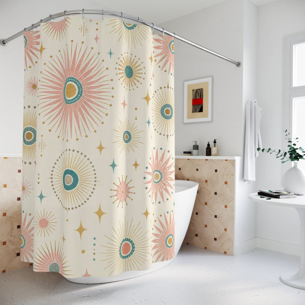 Retro Shower Curtain, Atomic Sunburst Circle Pattern, Teal Coral Mid Century Bathroom Decor, Guest Bath Wall Gift Idea For Home Style