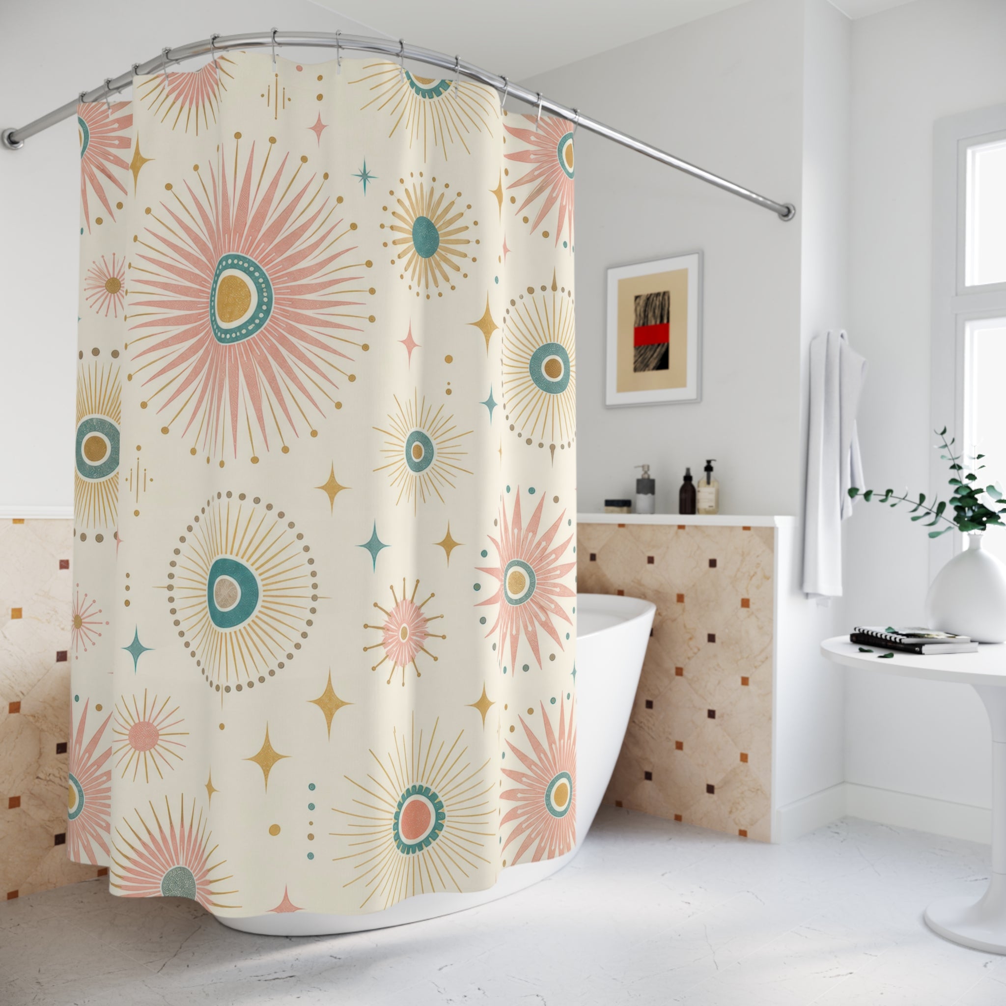 Retro Shower Curtain, Atomic Sunburst Circle Pattern, Teal Coral Mid Century Bathroom Decor, Guest Bath Wall Gift Idea For Home Style
