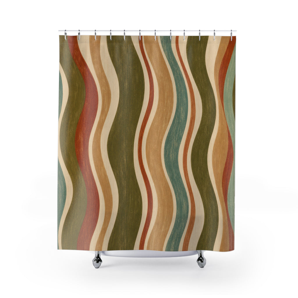 Retro Shower Curtain, 70s Wavy Stripe Pattern, Rust Olive Earth Tone Bathroom Decor, Groovy Earth Tone Wall Decor Guest Bath Wall Gift