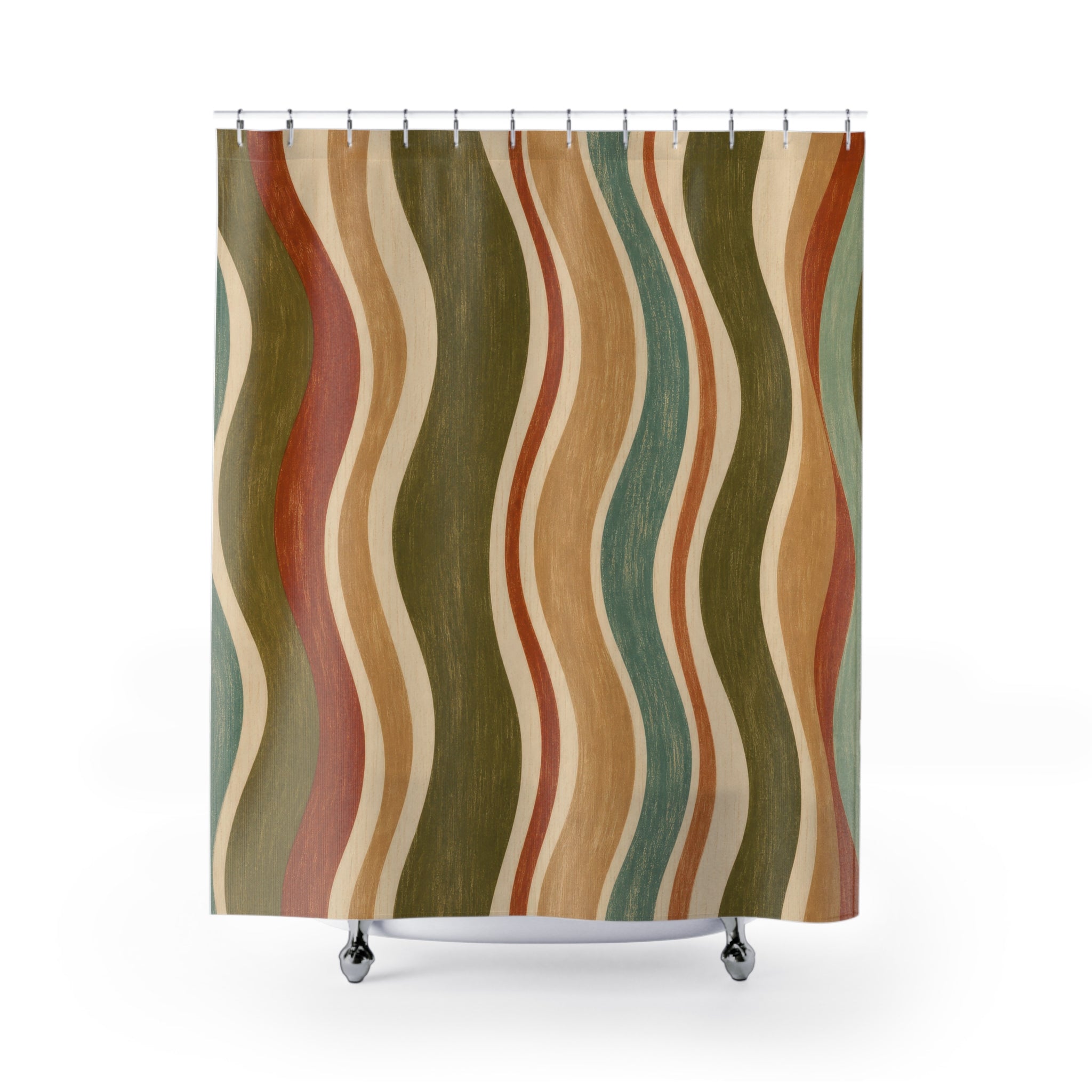 Retro Shower Curtain, 70s Wavy Stripe Pattern, Rust Olive Earth Tone Bathroom Decor, Groovy Earth Tone Wall Decor Guest Bath Wall Gift