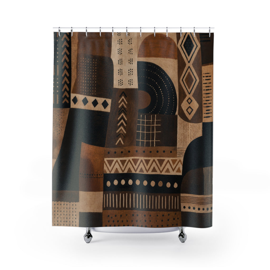 Boho Shower Curtain, Black Brown Western Bath Decor, Cream Tan Patchwork Pattern, Warm Southwestern Neutral Guest Bathroom Decor Style