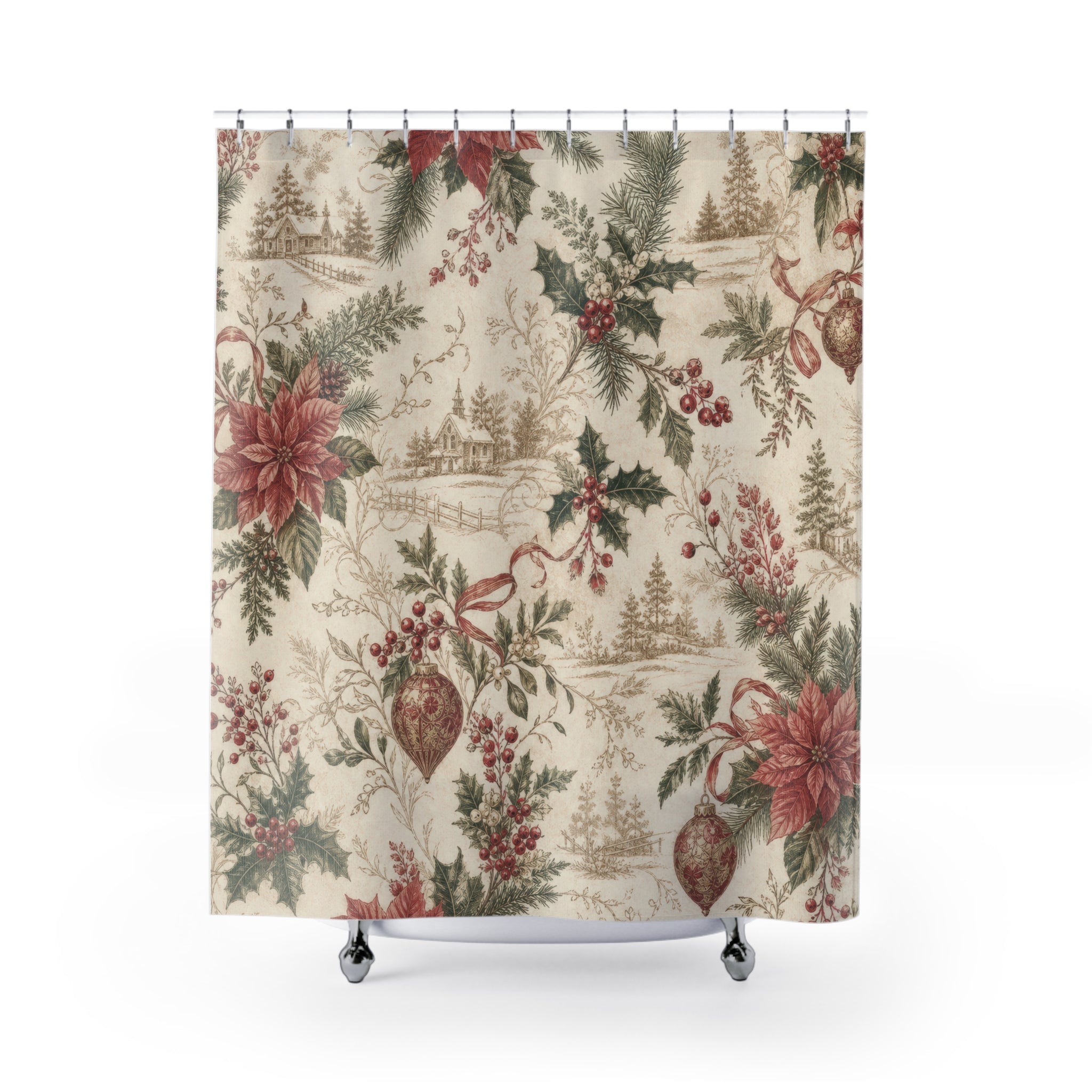 Vintage Holiday Floral Christmas Shower Curtain