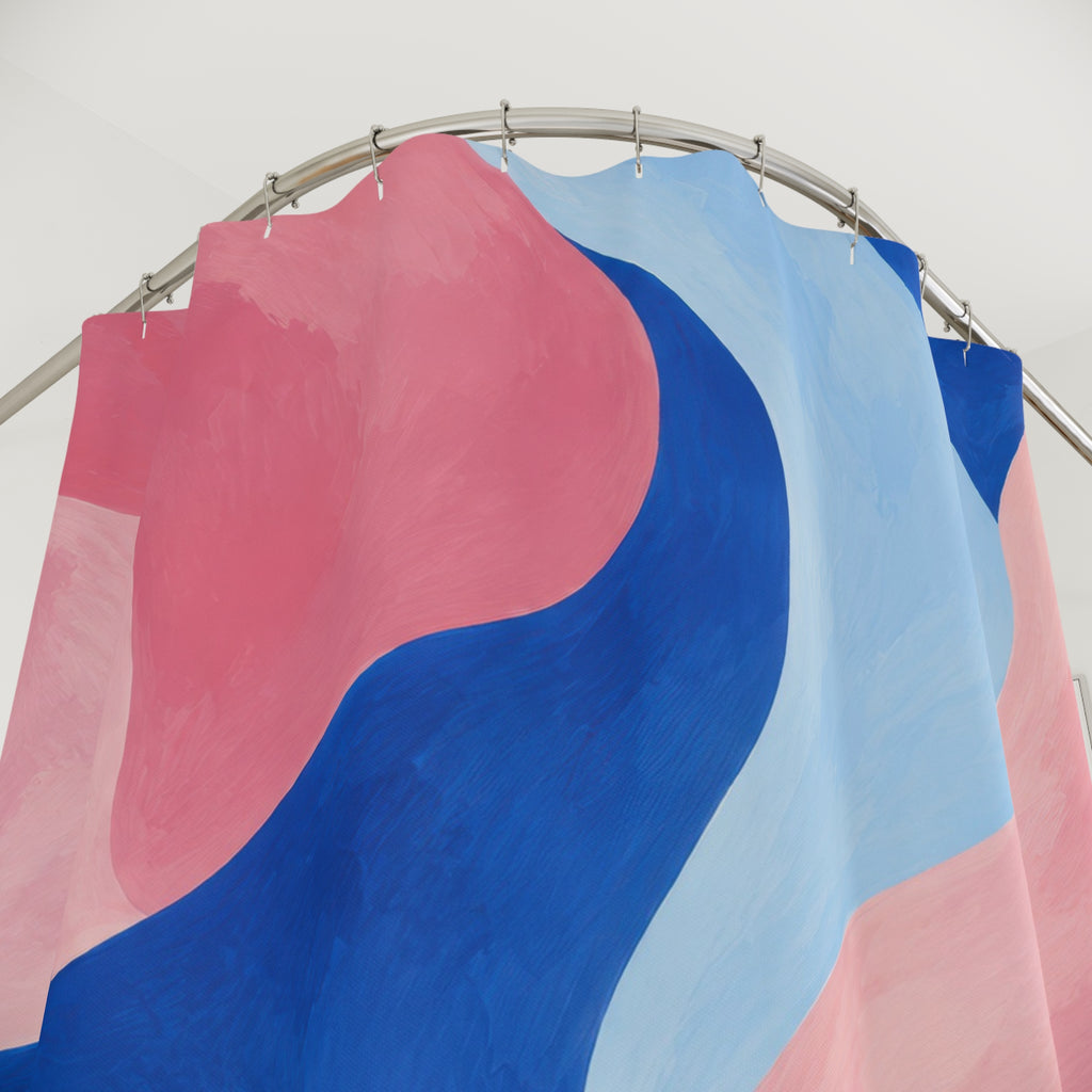 Cobalt blue curves between pink and pale blue abstract shapes shower curtain with close-up print, hooks, and folds