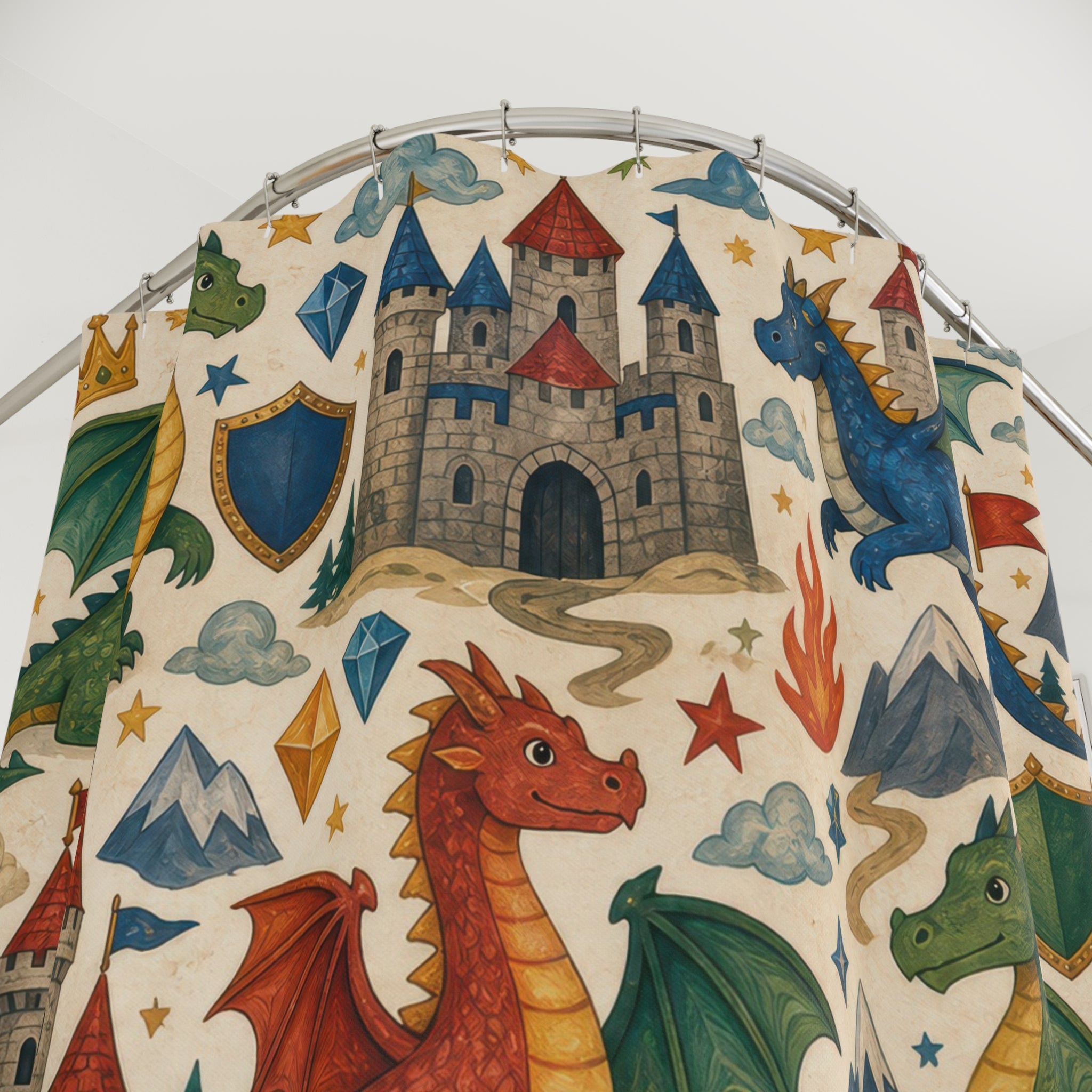 Dragon Castle Shower Curtain, Storybook Kids Bathroom Decor, Fantasy Bath Curtain, Boys Bathroom Decor, Village Pattern, Bath Decor