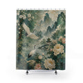Chinese Shower Curtain: Jade Chinoiserie Crane Landscape
