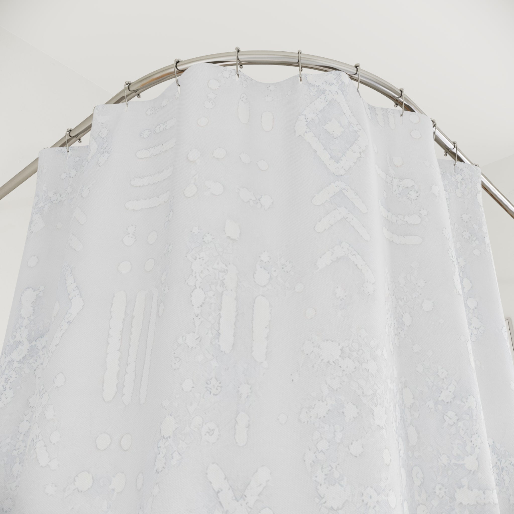 White Boho Shower Curtain, Minimal Geometric Bath Decor, Faint Ornamental Panel Pattern, Guest Bathroom Decor, Soft Spa Style, White Style