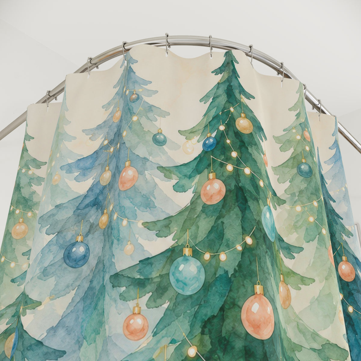 Teal and blue Christmas trees with peach baubles shower curtain with close-up print, hooks, and folds