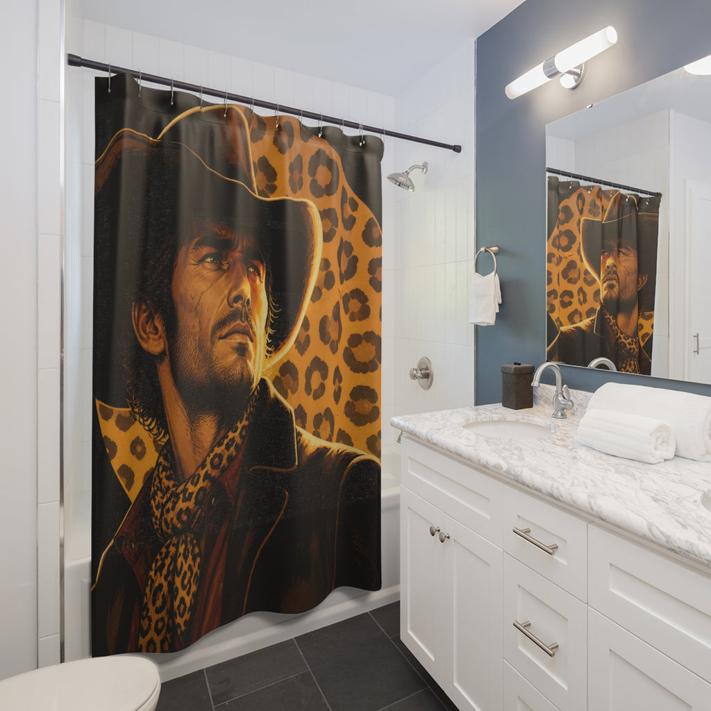 Cowboy portrait layered with bold leopard print shower curtain beside a white vanity