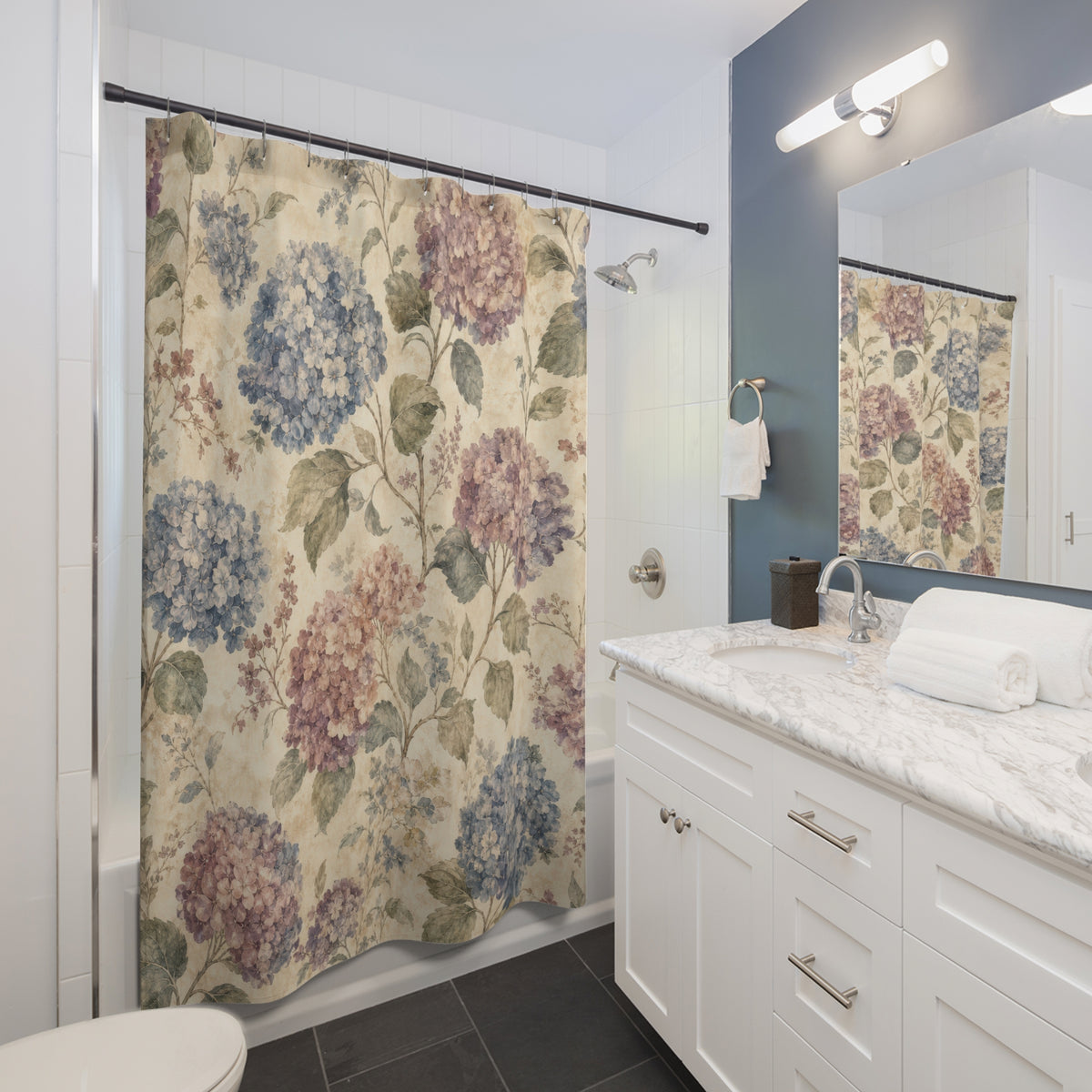 Blue Pink Vintage Floral hydrangea shower curtain beside a white vanity