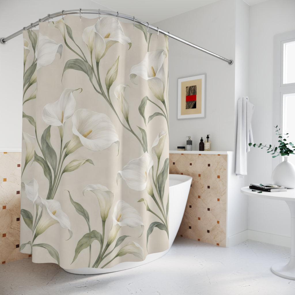 White calla lilies with sage leaves on pale ivory shower curtain beside a freestanding tub
